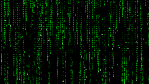 Imagen de una matriz de unos y ceros verdes en forma vertical y drapeada.